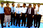 Engine test... Fujii (third right) accompanied by Pansar executive director Jason Tai (fourth left) onboard a vessel installed with the Yanmar 6AY-ETE engine.